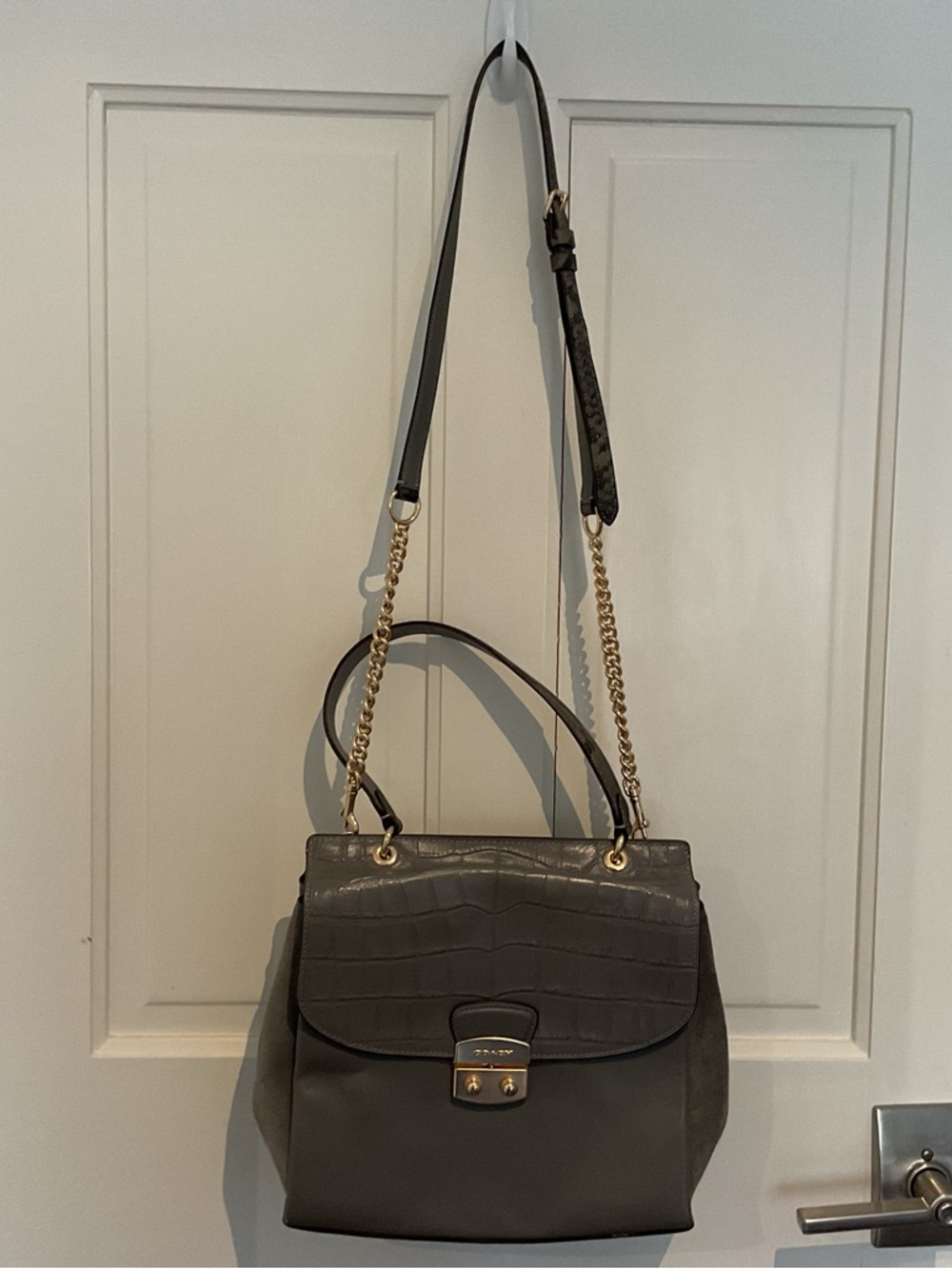 Coach Gray Croc-Embossed Satchel with Gold Chain Trim